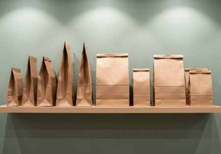 Various sizes of brown paper bags neatly lined up on a wooden shelf, creating a gradient effect. Light backdrop enhances contrast and simplicity.の素材