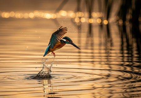A vibrant kingfisher hovers above rippling water, wings spread, capturing a fleeting moment of natureâs precision at sunset.の素材