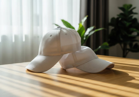 Two white baseball caps neatly placed on a wooden table beside a green indoor plant, bathed in natural light from a window.の素材