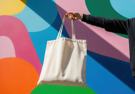 A hand holds a plain white canvas tote bag by its handles in front of a vibrant, abstract wall with wavy shapes in blue, pink, green, and yellow.の素材
