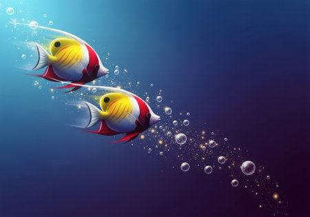 Vibrant illustration of two tropical fish gliding through deep blue water, bubbles forming a trail, creating a lively underwater scene.の素材