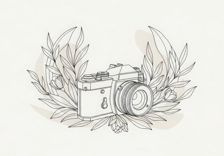 A black-and-white illustration of a vintage camera surrounded by decorative leaves, artistic and minimalist design, perfect for logos or prints.の素材