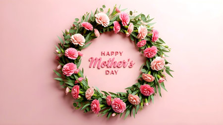 A stunning floral wreath with pink and white flowers, perfect for celebrating Mother's Day. The wreath is elegantly arranged with a mix of roses and greenery, creating a beautiful and heartfelt gift.の素材