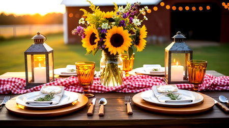 A beautifully set outdoor dining table with sunflowers, lanterns, and a red checkered tablecloth, perfect for a romantic evening.の素材