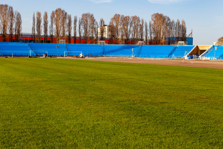 Football. World Championship 2018. Training stadium of the city of Togliatti, Samara region. May is the month of 2018. Beginning of lawn laying. Here will train the national team of Switzerland.のeditorial素材