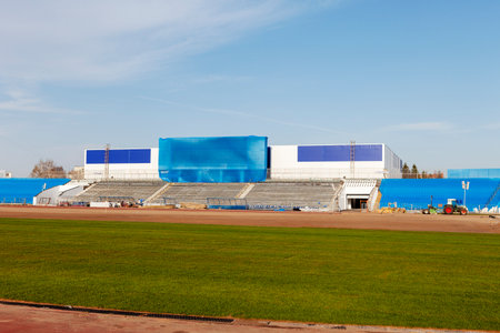 Football. World Championship 2018. Training stadium of the city of Togliatti, Samara region. May is the month of 2018. Beginning of lawn laying. Here will train the national team of Switzerland.のeditorial素材