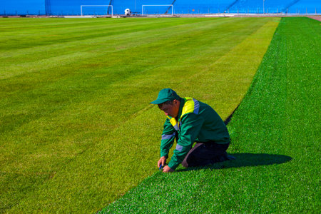 Football. World Championship 2018. Training stadium of the city of Togliatti, Samara region. May - month 2018. Switzerland will train here. Lawn laying ends.のeditorial素材