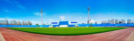 Football. World Championship 2018. Panorama of the training stadium of the city of Togliatti, Samara region. May is the month 2018. Switzerland will train here. A new lawn is laid.のeditorial素材