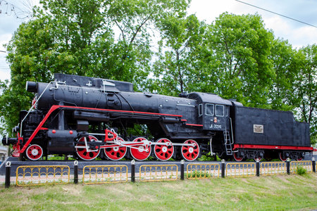 ULYANOVSK, RUSSIA, JUNE 05, 2018: The locomotive-monument L-3291. Powerful, beautiful Russian locomotiveのeditorial素材