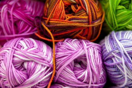 Store shelf with color yarn for knitting with needles, crochet hook. Bright ball of cotton and synthetic yarn.の写真素材