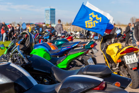 TOLYATTI, RUSSIA, MAY 09, 2018: show of bikers dedicated to Victory Day. Motorcycles with flags. Motorcycle Festival.のeditorial素材