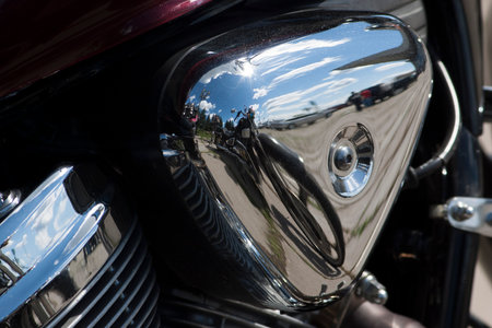 TOLYATTI, RUSSIA, JUNE 25, 2005: motorcycle show of bikers. Shiny chrome motorcycle engine block Chopper.のeditorial素材