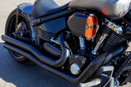 TOLYATTI, RUSSIA, MAY 09, 2018: motorcycle show of bikers dedicated to Victory Day. Black matte bike motor.のeditorial素材