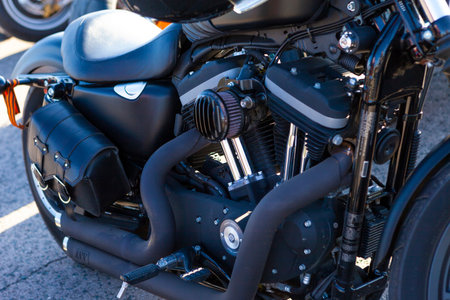 TOLYATTI, RUSSIA, MAY 09, 2018: motorcycle show of bikers dedicated to Victory Day. Black matte bike motor.のeditorial素材