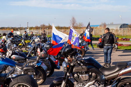 TOLYATTI, RUSSIA, MAY 09, 2018: show of bikers dedicated to Victory Day. Motorcycles with flags. Motorcycle Festival.のeditorial素材