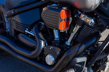TOLYATTI, RUSSIA, MAY 09, 2018: motorcycle show of bikers dedicated to Victory Day. Black matte bike motor.のeditorial素材