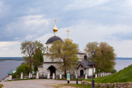 Sviyazhsk, Russia, June 04, 2018: Church of Saints Constantine and Helena. White stone temple. Golden domes.のeditorial素材