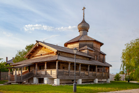 Ancient Russian wooden church of the Orthodox Church. A wooden temple on the island of Sviyazhsk which stands on the great Volga river.の写真素材