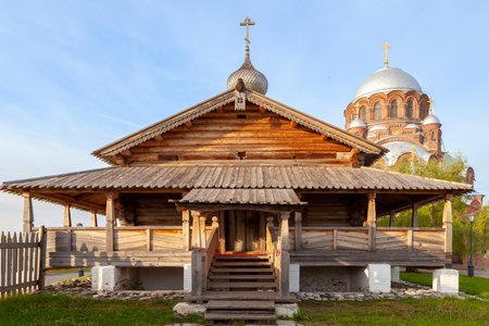 Sviyazhsk, Russia, June 04, 2018: Cathedral in the name of the icon of the Mother of God. Wooden temple on the island of Sviyazhsk. Gray domes, golden crosses.のeditorial素材