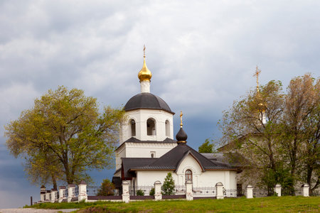 Sviyazhsk, Russia, June 04, 2018: Church of Saints Constantine and Helena. White stone temple. Golden domes.のeditorial素材