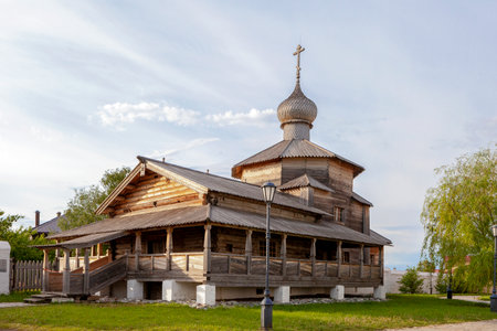 Sviyazhsk, Russia, June 04, 2018: Cathedral in the name of the icon of the Mother of God. Wooden temple on the island of Sviyazhsk. Gray domes, golden crosses.のeditorial素材