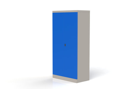 Metal cabinet with shelves for tools. Fireproof shelving for documents. A convenient place for storing documents, tools and spare parts. Metal furniture. 3D model rendering.の写真素材