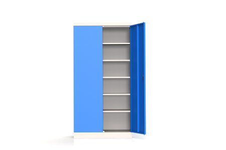 Metal cabinet with shelves for tools. Fireproof shelving for documents. A convenient place for storing documents, tools and spare parts. Metal furniture. 3D model rendering.の写真素材