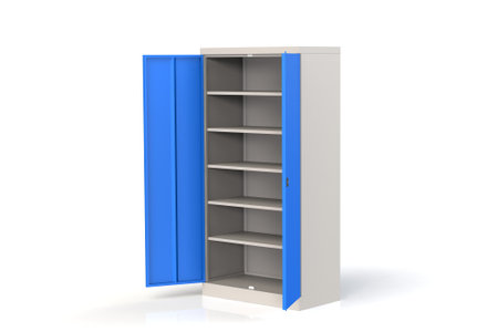 Metal cabinet with shelves for tools. Fireproof shelving for documents. A convenient place for storing documents, tools and spare parts. Metal furniture. 3D model rendering.の写真素材