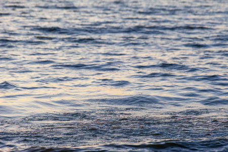 Waves on the sandy shore of a large river. The rays of light are reflected in the waves,の写真素材
