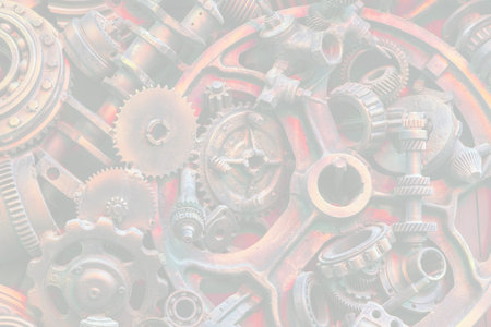 Steampunk background, machine parts, large gears and chains from machines and tractors. Old rusty machine parts. Springs, bearings, pistons, crankshafts, camshafts.の写真素材