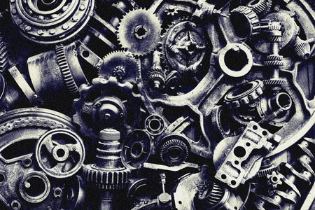 Steampunk texture, backgroung with mechanical parts, gear wheels, steam punk cogwheels, heap of auto parts, old rusty iron chains, springs, wheels, close upの写真素材