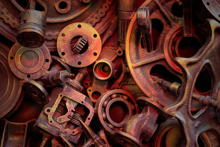 Steampunk texture, backgroung with mechanical parts, gear wheels, steam punk cogwheels, heap of auto parts, old rusty iron chains, springs, wheels, close upの写真素材