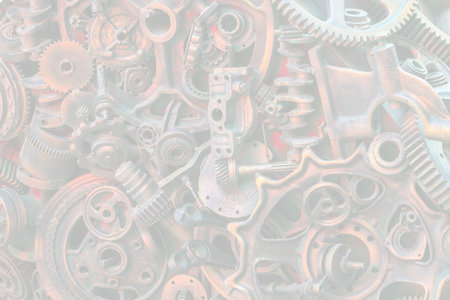 Steampunk texture, backgroung with mechanical parts, gear wheels, steam punk cogwheels, heap of auto parts, old rusty iron chains, springs, wheels, close upの写真素材