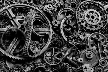 Steampunk texture, backgroung with mechanical parts, gear wheels, steam punk cogwheels, heap of auto parts, old rusty iron chains, springs, wheels, close upの写真素材