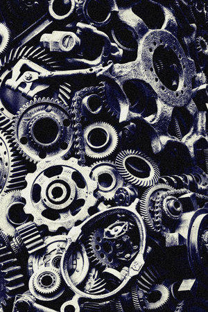 Steampunk texture, backgroung with mechanical parts, gear wheels, steam punk cogwheels, heap of auto parts, old rusty iron chains, springs, wheels, close upの写真素材