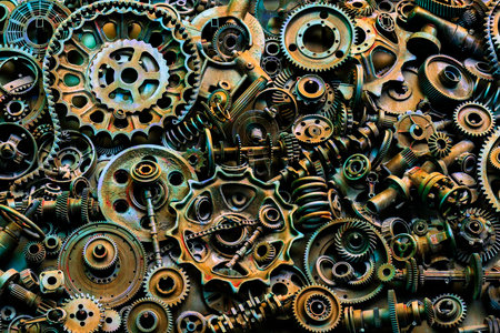 Steampunk texture, backgroung with mechanical parts, gear wheels, steam punk cogwheels, heap of auto parts, old rusty iron chains, springs, wheels, close upの写真素材