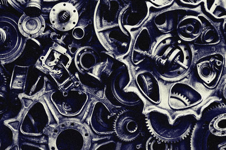 Steampunk texture, backgroung with mechanical parts, gear wheels, steam punk cogwheels, heap of auto parts, old rusty iron chains, springs, wheels, close upの写真素材