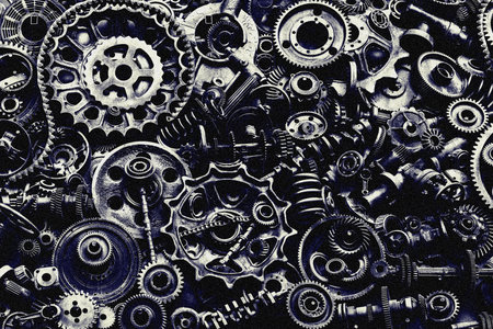 Steampunk texture, backgroung with mechanical parts, gear wheels, steam punk cogwheels, heap of auto parts, old rusty iron chains, springs, wheels, close upの写真素材