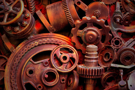 Steampunk texture, backgroung with mechanical parts, gear wheels, steam punk cogwheels, heap of auto parts, old rusty iron chains, springs, wheels, close upの写真素材