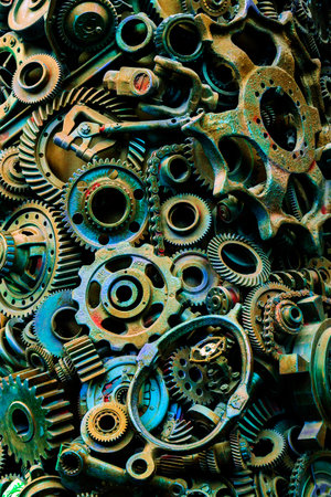 Steampunk texture, backgroung with mechanical parts, gear wheels, steam punk cogwheels, heap of auto parts, old rusty iron chains, springs, wheels, close upの写真素材