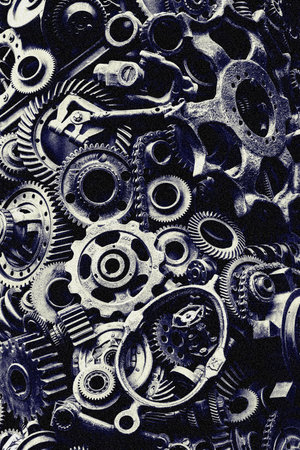 Steampunk texture, backgroung with mechanical parts, gear wheels, steam punk cogwheels, heap of auto parts, old rusty iron chains, springs, wheels, close upの写真素材