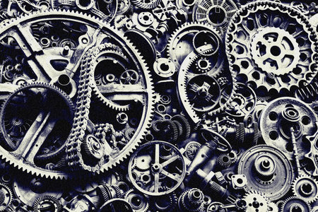 Steampunk background, machine parts, large gears and chains from machines and tractors. Old rusty machine and mechanical parts. Springs, bearings, pistons, crankshafts, camshafts.の写真素材