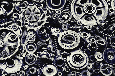 Steampunk texture, backgroung with mechanical parts, gear wheels, steam punk cogwheels, heap of auto parts, old rusty iron chains, springs, wheels, close upの写真素材