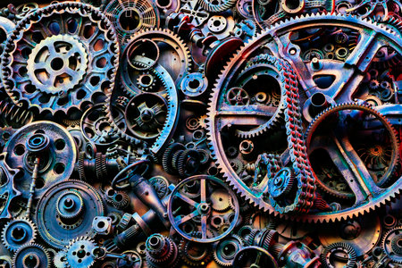 Steampunk texture, backgroung with mechanical parts, gear wheels, steam punk cogwheels, heap of auto parts, old rusty iron chains, springs, wheels, close upの写真素材