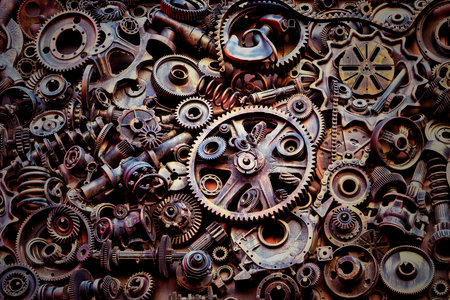 Steampunk texture, backgroung with mechanical parts, gear wheels, steam punk cogwheels, heap of auto parts, old rusty iron chains, springs, wheels, close upの写真素材