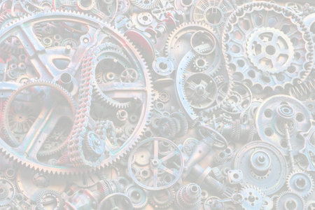 Steampunk texture, backgroung with mechanical parts, gear wheels, steam punk cogwheels, heap of auto parts, old rusty iron chains, springs, wheels, close upの写真素材