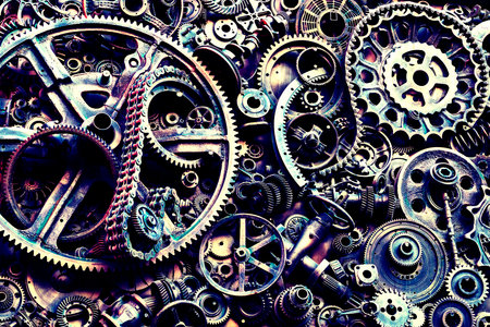 Steampunk texture, backgroung with mechanical parts, gear wheels, steam punk cogwheels, heap of auto parts, old rusty iron chains, springs, wheels, close upの写真素材