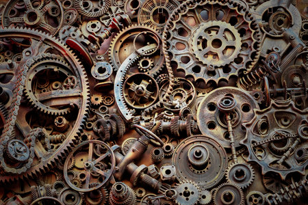 Steampunk texture, backgroung with mechanical parts, gear wheels, steam punk cogwheels, heap of auto parts, old rusty iron chains, springs, wheels, close upの写真素材