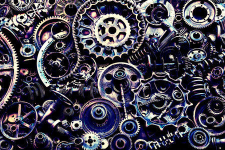 Steampunk texture, backgroung with mechanical parts, gear wheels, steam punk cogwheels, heap of auto parts, old rusty iron chains, springs, wheels, close upの写真素材