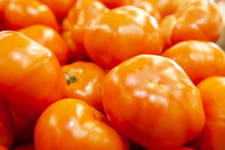 Fresh tomatoes piled on display for sale. Red juicy shiny. Shallow depth of field.の写真素材